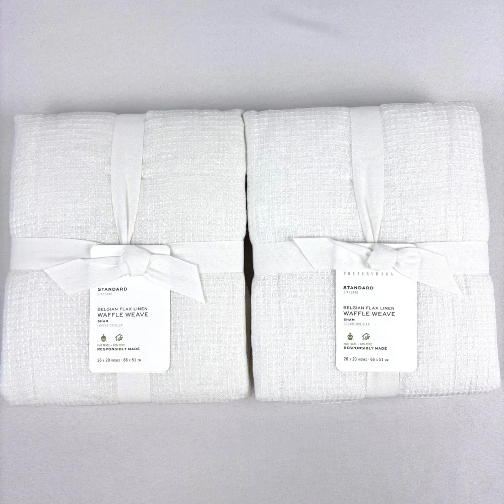 2 Pottery Barn Belgian Flax Linen Waffle Weave STANDARD Pillow Shams White